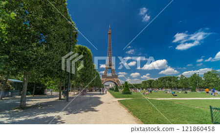 Eiffel Tower on Champs de Mars in Paris timelapse hyperlapse, France Eiffel Tower on Champs de Mars in Paris timelapse hyperlapse, France 121860458
