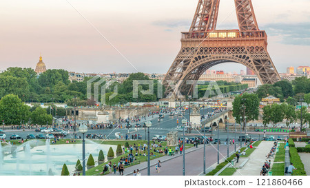 Sunset view of Eiffel Tower timelapse with fountain in Jardins du Trocadero in Paris, France. Sunset view of Eiffel Tower timelapse with fountain in Jardins du Trocadero in Paris, France. 121860466