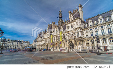 Hotel de Ville or Paris city hall timelapse hyperlapse in sunny day. Hotel de Ville or Paris city hall timelapse hyperlapse in sunny day. 121860471