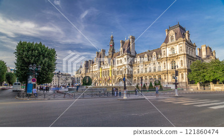 Hotel de Ville or Paris city hall timelapse hyperlapse in sunny day. Hotel de Ville or Paris city hall timelapse hyperlapse in sunny day. 121860474
