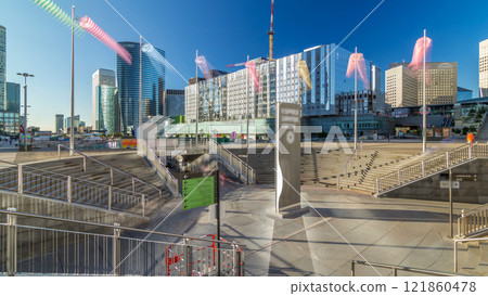 Panorama of La Defence timelapse hyperlapse, business and financial district with highrise skyscrapers buildings 121860478
