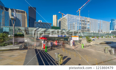 Panorama of La Defence timelapse hyperlapse, business and financial district with highrise skyscrapers buildings 121860479
