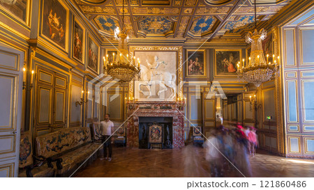 Interiors and architectural details of the Chateau de Fontainebleau timelapse hyperlapse in Fontainebleau, France Interiors and architectural details of the Chateau de Fontainebleau timelapse hyperlapse in Fontainebleau, France 121860486