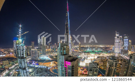 Dubai downtown cityscape with Burj Khalifa, LightUp light show aerial timelapse 121860544