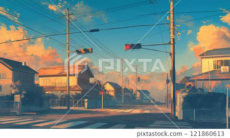 Residential area at dusk | Beautiful streetscape illuminated by calm skies and the setting sun Residential area at dusk | Beautiful streetscape illuminated by calm skies and the setting sun 121860613