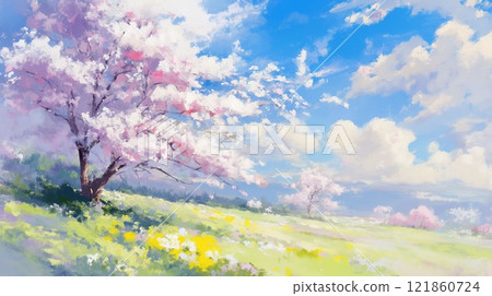 Spring scenery with blue skies and cherry blossoms in full bloom 121860724