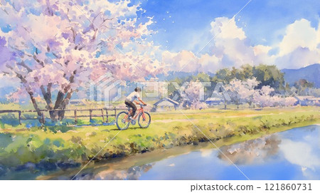 A refreshing day of cycling through spring countryside and rows of cherry blossom trees 121860731