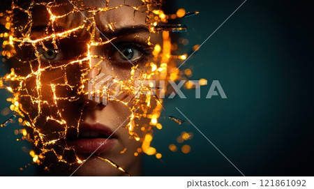 Portrait of a Woman with Glowing Lines and Intense Expression 121861092