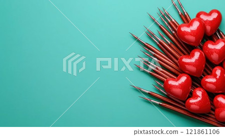 Red Heart Shapes with Paintbrushes on Vibrant Turquoise Background 121861106
