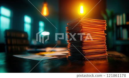 Stacked Paperwork on a Desk with Warm Lighting in an Office Setting 121861178