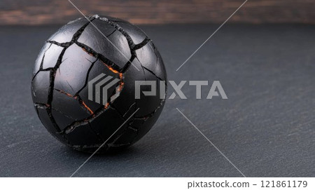 Cracked Black Sphere on Dark Surface with Textured Background 121861179