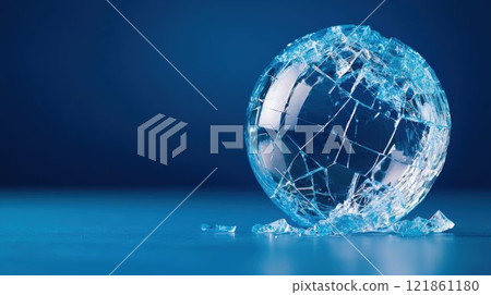 Shattered Glass Globe on Blue Surface Isolated Close-Up View 121861180