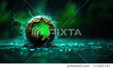 Shattered Green Sphere with Electric Sparks on Dark Background Shattered Green Sphere with Electric Sparks on Dark Background 121861181