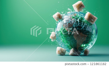 Fragile Glass Globe Surrounded by Ice Cubes Representing Climate Change 121861182