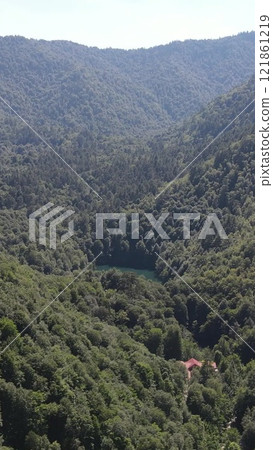 Foggy Mountian Lake Aerial Drone 121861219