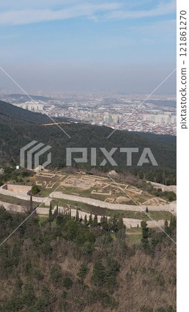 Historical city castle, cultural tourism destination aerial drone shoot 121861270
