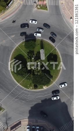 Vehicles moving roundabout aerial drone Vehicles moving roundabout aerial drone 121861361