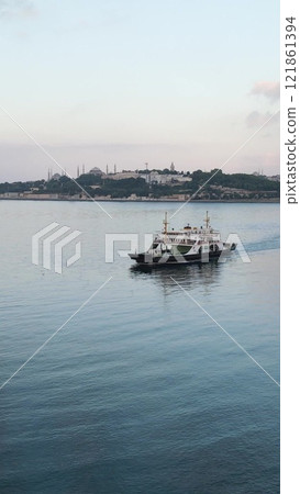 Aerial drone ferryboat traveling Bosphorus Istanbul 121861394