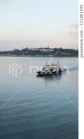 Aerial drone ferryboat traveling Bosphorus Istanbul 121861395