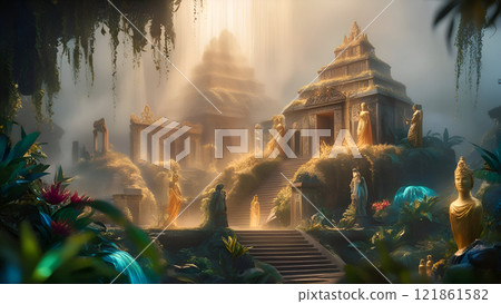 Opulent ancient Temple of lost Lemuria civilization bathed in golden sun  light. culture concept. Ai generated 121861582