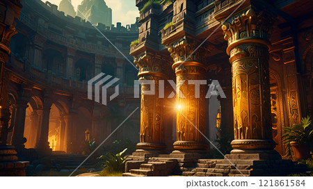 Opulent ancient Temple of lost Lemuria civilization bathed in golden sun  light. culture concept. Ai generated 121861584