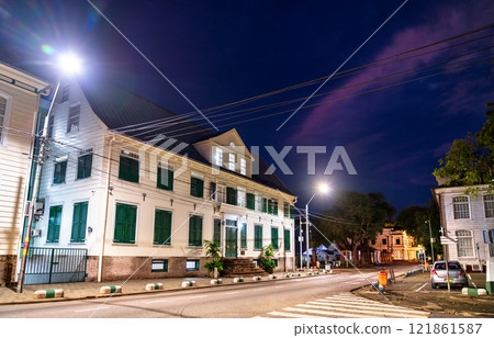 Historic building of National Assembly in Paramaribo, the capital of Suriname in South America at night Historic building of National Assembly in Paramaribo, the capital of Suriname in South America at night 121861587