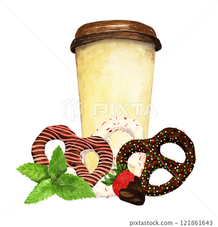 Watercolor composition of coffee to go, three pretzels, mint and strawberry. 121861643