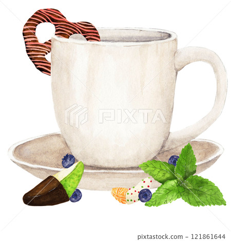 Watercolor composition of tea mug with pretzel, mint and fruit covered chocolate  121861644