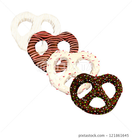 Watercolor set of four pretzels twist covered different chocolate and decoration Watercolor set of four pretzels twist covered different chocolate and decoration 121861645