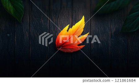 Vibrant Autumn Leaf on Dark Wooden Background with Green Leaves Vibrant Autumn Leaf on Dark Wooden Background with Green Leaves 121861684