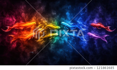 Colorful Fish Swimming in Rainbow Smoke Formation Colorful Fish Swimming in Rainbow Smoke Formation 121861685