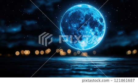 Glowing Blue Moon in Night Sky with Stars and Reflections on Water Glowing Blue Moon in Night Sky with Stars and Reflections on Water 121861687