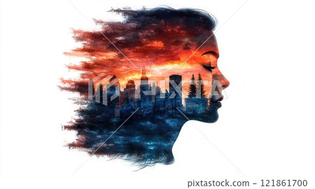 Profile of a Woman Merging with a Cityscape at Sunset 121861700