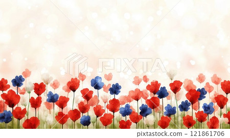 Vibrant Floral Background with Red and Blue Flowers on Soft Surface 121861706