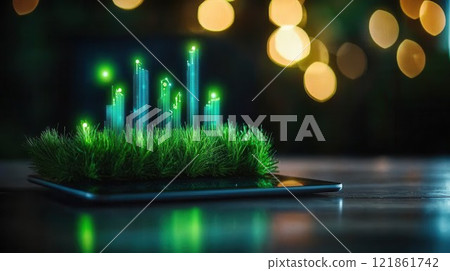 Digital Landscape with Grass and Light Effects on a Tablet Screen 121861742