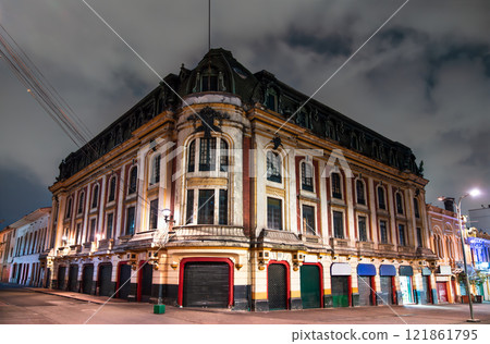 Nighttime Architecture in the Historic Central District of La Candelaria, Bogota, Colombia 121861795