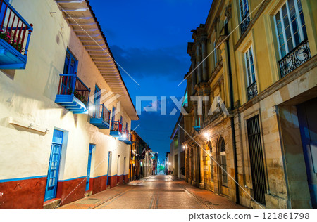 Traditional Colonial Architecture in the Historic Central District of La Candelaria of Bogota, Colombia at night 121861798