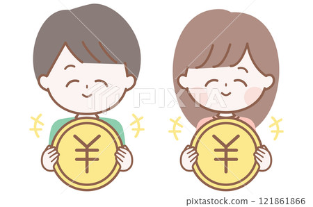 Illustration of a man and woman smiling and holding money Illustration of a man and woman smiling and holding money 121861866