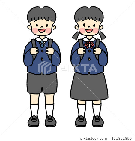 一個穿著校服、男女套裝的孩子的全身插圖 一個穿著校服、男女套裝的孩子的全身插圖 121861896