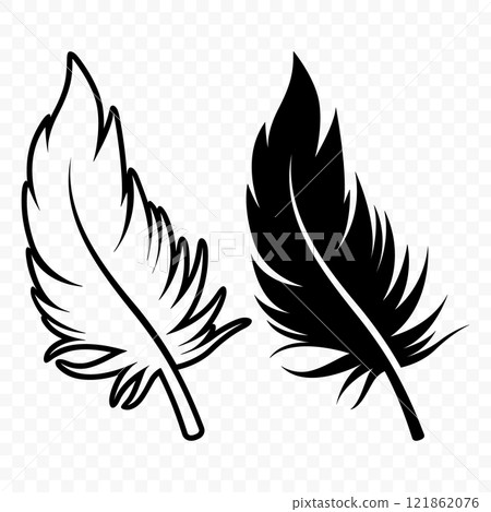 Vector Black and White Fluffy Feather Logo Icons. Silhouette Feather Set Closeup Isolated. Design Template of Flamingo, Angel, Bird Feather. Lightness and Freedom Concept 121862076