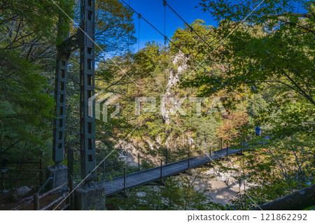 A view of the trees starting to turn red at Tenryukyo Gorge, a scenic spot in Iida City, and Tsutsuji Bridge over the Tenryu River after a rainfall (Nagano Prefecture) 121862292