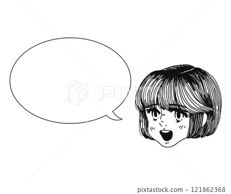 Pop girl and speech bubble monochrome line drawing Pop girl and speech bubble monochrome line drawing 121862368