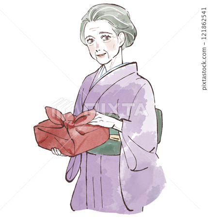 Senior woman in kimono holding a furoshiki Senior woman in kimono holding a furoshiki 121862541