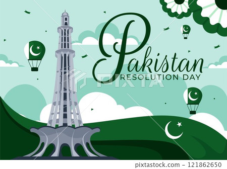 Happy Pakistan Resolution Day Vector Illustration on 23 March, Featuring a Waving Flag and Iconic Landmarks in a National Holiday Flat Background Happy Pakistan Resolution Day Vector Illustration on 23 March, Featuring a Waving Flag and Iconic Landmarks in a National Holiday Flat Background 121862650