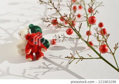 Red Nandina berries and a teddy bear 121863296
