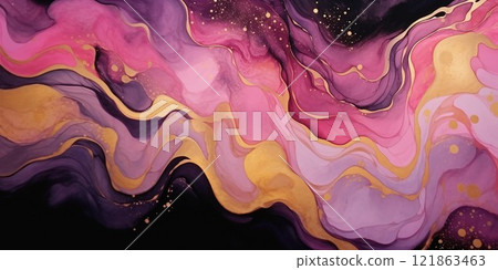 Horizontal banner with alcohol ink art style pink and purple fluid with gold decorations on black background. AI generated image. 121863463
