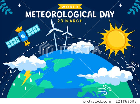 World Meteorological Day Vector Illustration on 23 March, Featuring Earth Map, Meteorology Science, and Weather Research in a Flat Style Background 121863595