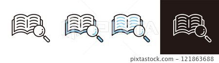 Research or search icon. Illustration of a book or notebook with a magnifying glass. 121863688