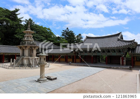 Inside the grounds of the main hall of Bulguksa Temple, Gyeongju, South Korea Inside the grounds of the main hall of Bulguksa Temple, Gyeongju, South Korea 121863965
