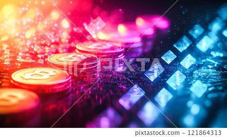 Vibrant cryptocurrency coins and digital blockchain technology concept 121864313